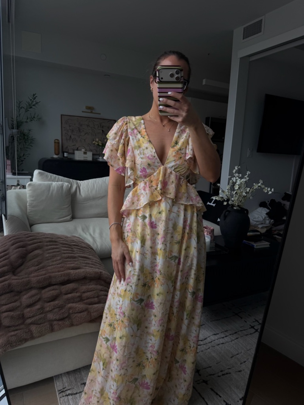 Vici Pastel Yellow Floral Ruffle V-Neck Maxi Dress